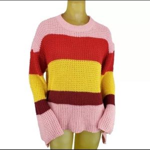 Cloudwalk Sweater Striped Long Bell Sleeves Chunky Knit Relaxed Fit Top - Large